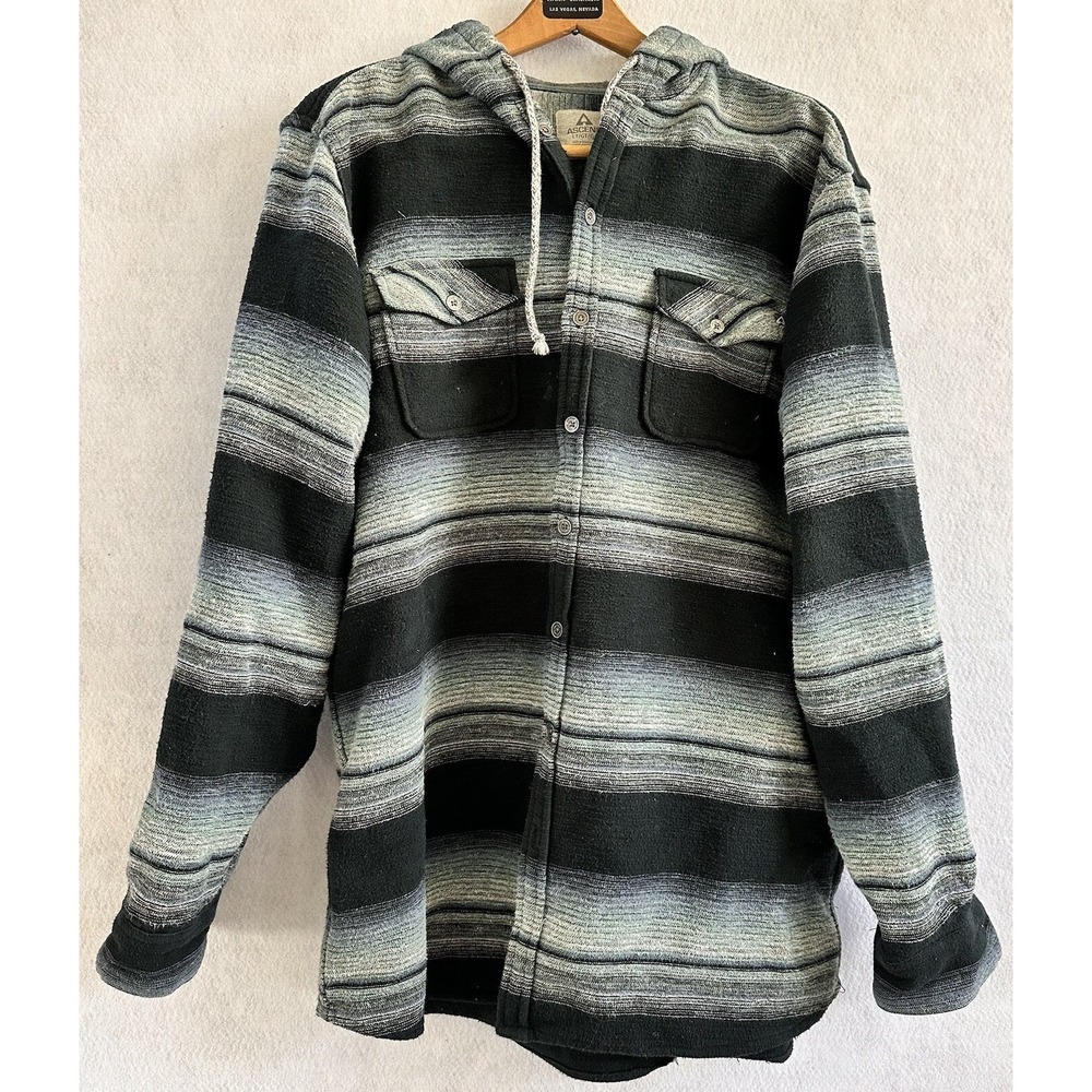 Ascend Jacket Shacket Button Hooded Drawstring Pockets Shirt Blue Men's L